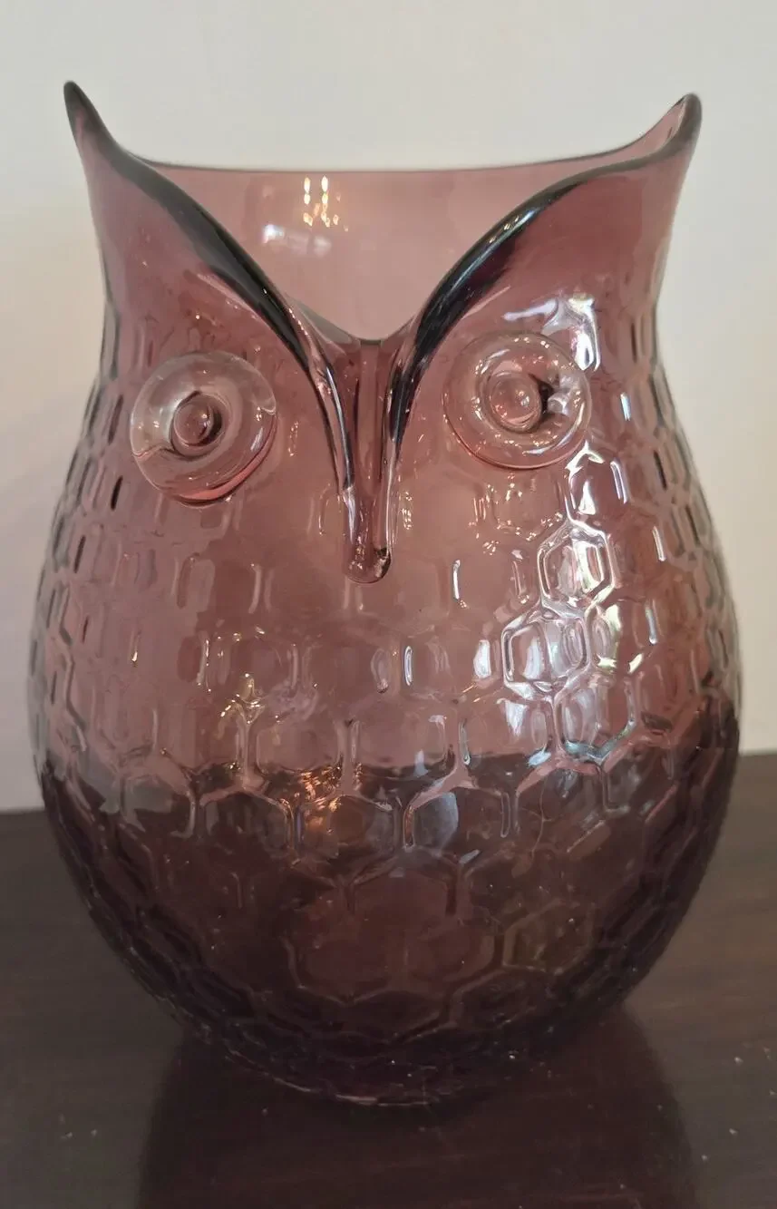 Amethyst Purple Owl Hand Blown Pier 1 Art Glass Vase 5x8 In Textured Honeycomb